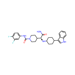 NC(=O)[C@@H](NC1CCC(c2c[nH]c3ccccc23)CC1)C1CCN(C(=O)Nc2ccc(F)c(F)c2)CC1 ZINC000168406893