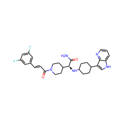 NC(=O)[C@@H](NC1CCC(c2c[nH]c3cccnc23)CC1)C1CCN(C(=O)/C=C/c2cc(F)cc(F)c2)CC1 ZINC000201017801