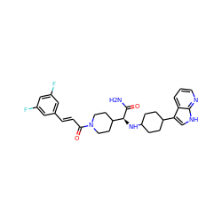 NC(=O)[C@@H](NC1CCC(c2c[nH]c3ncccc23)CC1)C1CCN(C(=O)/C=C/c2cc(F)cc(F)c2)CC1 ZINC000167961628