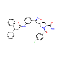 NC(=O)[C@@H]1C[C@]2(CC(c3cccc(NC(=O)CC(c4ccccc4)c4ccccc4)c3)=NO2)CN1C(=O)c1ccc(Cl)cc1 ZINC000017307322