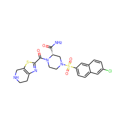 NC(=O)[C@@H]1CN(S(=O)(=O)c2ccc3cc(Cl)ccc3c2)CCN1C(=O)c1nc2c(s1)CNCC2 ZINC000013584086