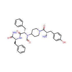 NC(=O)[C@H](Cc1ccccc1)NC(=O)[C@H](Cc1ccccc1)N(C=O)C1CCN(C(=O)[C@@H](N)Cc2ccc(O)cc2)CC1 ZINC000056828533