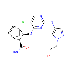 NC(=O)[C@H]1[C@@H]2C=C[C@@H](C2)[C@H]1Nc1nc(Nc2cnn(CCO)c2)ncc1Cl ZINC000084706445