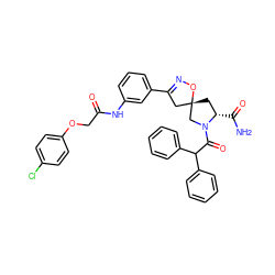 NC(=O)[C@H]1C[C@]2(CC(c3cccc(NC(=O)COc4ccc(Cl)cc4)c3)=NO2)CN1C(=O)C(c1ccccc1)c1ccccc1 ZINC000017307307