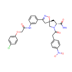 NC(=O)[C@H]1C[C@]2(CC(c3cccc(NC(=O)COc4ccc(Cl)cc4)c3)=NO2)CN1C(=O)Cc1ccc([N+](=O)[O-])cc1 ZINC000017307257