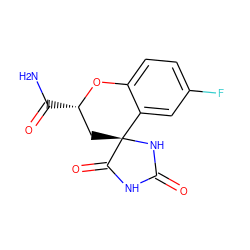 NC(=O)[C@H]1C[C@]2(NC(=O)NC2=O)c2cc(F)ccc2O1 ZINC000000005704