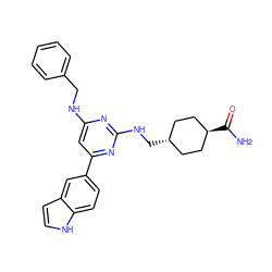 NC(=O)[C@H]1CC[C@H](CNc2nc(NCc3ccccc3)cc(-c3ccc4[nH]ccc4c3)n2)CC1 ZINC000299821682