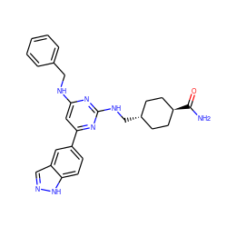 NC(=O)[C@H]1CC[C@H](CNc2nc(NCc3ccccc3)cc(-c3ccc4[nH]ncc4c3)n2)CC1 ZINC000299825168