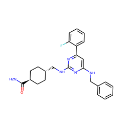 NC(=O)[C@H]1CC[C@H](CNc2nc(NCc3ccccc3)cc(-c3ccccc3F)n2)CC1 ZINC000299829522