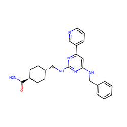 NC(=O)[C@H]1CC[C@H](CNc2nc(NCc3ccccc3)cc(-c3cccnc3)n2)CC1 ZINC000299821607