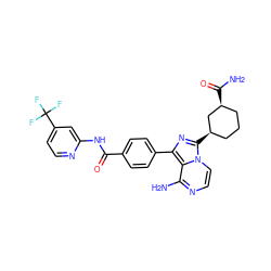 NC(=O)[C@H]1CCC[C@@H](c2nc(-c3ccc(C(=O)Nc4cc(C(F)(F)F)ccn4)cc3)c3c(N)nccn23)C1 ZINC001772616993