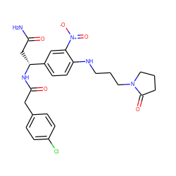 NC(=O)C[C@@H](NC(=O)Cc1ccc(Cl)cc1)c1ccc(NCCCN2CCCC2=O)c([N+](=O)[O-])c1 ZINC000015937559