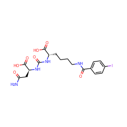 NC(=O)C[C@H](NC(=O)N[C@@H](CCCCNC(=O)c1ccc(I)cc1)C(=O)O)C(=O)O ZINC000049756991