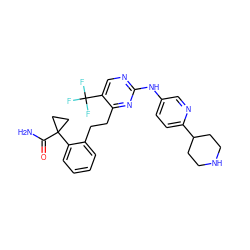 NC(=O)C1(c2ccccc2CCc2nc(Nc3ccc(C4CCNCC4)nc3)ncc2C(F)(F)F)CC1 ZINC000211079935