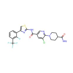 NC(=O)C1CCN(c2ncc(C(=O)Nc3nc(-c4cccc(C(F)(F)F)c4F)cs3)cc2Cl)CC1 ZINC000044387804