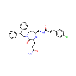 NC(=O)CC[C@@H]1N[C@H](CNC(=O)/C=C/c2ccc(Cl)cc2)CCN(CC(c2ccccc2)c2ccccc2)C1=O ZINC000140300762