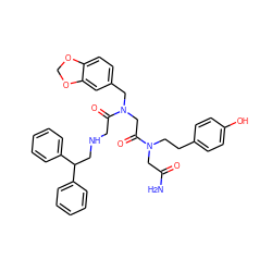 NC(=O)CN(CCc1ccc(O)cc1)C(=O)CN(Cc1ccc2c(c1)OCO2)C(=O)CNCC(c1ccccc1)c1ccccc1 ZINC000003935480