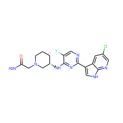 NC(=O)CN1CCC[C@H](Nc2nc(-c3c[nH]c4ncc(Cl)cc34)ncc2F)C1 ZINC000165769473