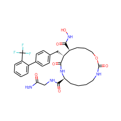 NC(=O)CNC(=O)[C@@H]1CCCCNC(=O)OCCC[C@H](C(=O)NO)[C@@H](Cc2ccc(-c3ccccc3C(F)(F)F)cc2)C(=O)N1 ZINC000026997569