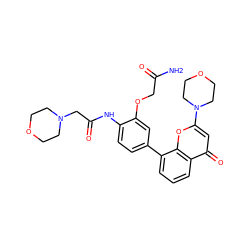 NC(=O)COc1cc(-c2cccc3c(=O)cc(N4CCOCC4)oc23)ccc1NC(=O)CN1CCOCC1 ZINC000101394098