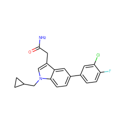 NC(=O)Cc1cn(CC2CC2)c2ccc(-c3ccc(F)c(Cl)c3)cc12 ZINC000028888331