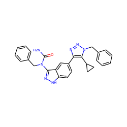 NC(=O)N(Cc1ccccc1)c1n[nH]c2ccc(-c3nnn(Cc4ccccc4)c3C3CC3)cc12 ZINC000147384402