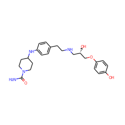 NC(=O)N1CCC(Nc2ccc(CCNC[C@H](O)COc3ccc(O)cc3)cc2)CC1 ZINC000026832209