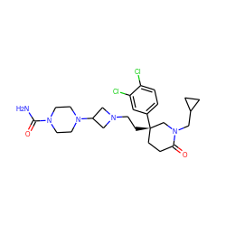 NC(=O)N1CCN(C2CN(CC[C@]3(c4ccc(Cl)c(Cl)c4)CCC(=O)N(CC4CC4)C3)C2)CC1 ZINC000022927863