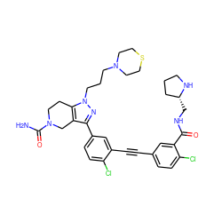 NC(=O)N1CCc2c(c(-c3ccc(Cl)c(C#Cc4ccc(Cl)c(C(=O)NC[C@@H]5CCCN5)c4)c3)nn2CCCN2CCSCC2)C1 ZINC000095598003