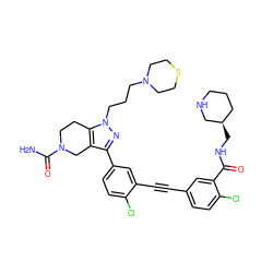 NC(=O)N1CCc2c(c(-c3ccc(Cl)c(C#Cc4ccc(Cl)c(C(=O)NC[C@@H]5CCCNC5)c4)c3)nn2CCCN2CCSCC2)C1 ZINC000095596310