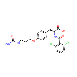 NC(=O)NCCCOc1ccc(C[C@H](NC(=O)c2c(Cl)cccc2Cl)C(=O)O)cc1 ZINC000084654962