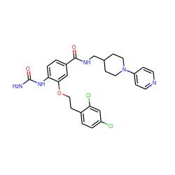 NC(=O)Nc1ccc(C(=O)NCC2CCN(c3ccncc3)CC2)cc1OCCc1ccc(Cl)cc1Cl ZINC000014953503