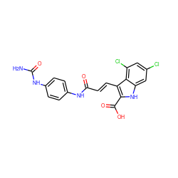 NC(=O)Nc1ccc(NC(=O)/C=C/c2c(C(=O)O)[nH]c3cc(Cl)cc(Cl)c23)cc1 ZINC000013761276