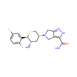 NC(=O)c1[nH]nc2c1CN([C@H]1CS[C@H](c3cc(F)ccc3F)[C@@H](N)C1)C2 ZINC000072317934