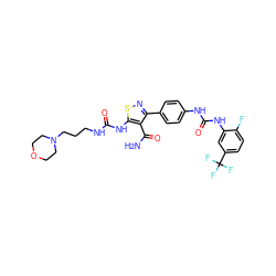 NC(=O)c1c(-c2ccc(NC(=O)Nc3cc(C(F)(F)F)ccc3F)cc2)nsc1NC(=O)NCCCN1CCOCC1 ZINC000145738043