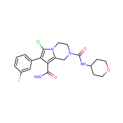 NC(=O)c1c(-c2cccc(F)c2)c(Cl)n2c1CN(C(=O)NC1CCOCC1)CC2 ZINC000223380015