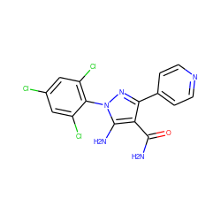 NC(=O)c1c(-c2ccncc2)nn(-c2c(Cl)cc(Cl)cc2Cl)c1N ZINC000084633876