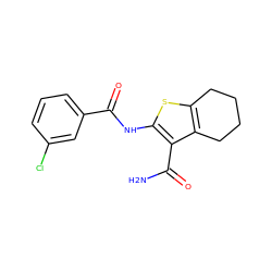 NC(=O)c1c(NC(=O)c2cccc(Cl)c2)sc2c1CCCC2 ZINC000000089015