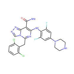 NC(=O)c1c(Nc2c(F)cc(N3CCNCC3)cc2F)nc(Cc2c(Cl)cccc2Cl)n2cnnc12 ZINC000200841599