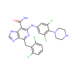 NC(=O)c1c(Nc2cc(Cl)c(N3CCNCC3)c(Cl)c2)nc(Cc2c(Cl)cccc2Cl)c2nc[nH]c12 ZINC000142341548