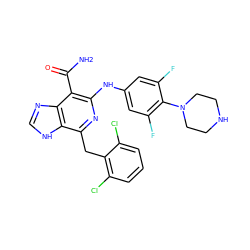 NC(=O)c1c(Nc2cc(F)c(N3CCNCC3)c(F)c2)nc(Cc2c(Cl)cccc2Cl)c2[nH]cnc12 ZINC000200859356