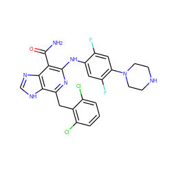 NC(=O)c1c(Nc2cc(F)c(N3CCNCC3)cc2F)nc(Cc2c(Cl)cccc2Cl)c2[nH]cnc12 ZINC000200844671