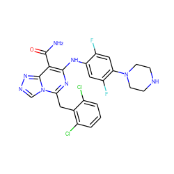 NC(=O)c1c(Nc2cc(F)c(N3CCNCC3)cc2F)nc(Cc2c(Cl)cccc2Cl)n2cnnc12 ZINC000200839082