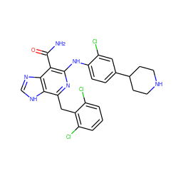 NC(=O)c1c(Nc2ccc(C3CCNCC3)cc2Cl)nc(Cc2c(Cl)cccc2Cl)c2[nH]cnc12 ZINC000200870325