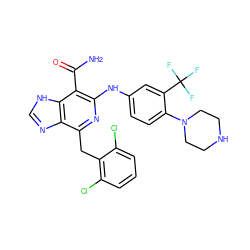 NC(=O)c1c(Nc2ccc(N3CCNCC3)c(C(F)(F)F)c2)nc(Cc2c(Cl)cccc2Cl)c2nc[nH]c12 ZINC000143459498