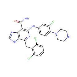 NC(=O)c1c(Nc2ccc(N3CCNCC3)c(Cl)c2)nc(Cc2c(Cl)cccc2Cl)c2[nH]cnc12 ZINC000200841652