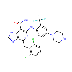 NC(=O)c1c(Nc2ccc(N3CCNCC3)cc2C(F)(F)F)nc(Cc2c(Cl)cccc2Cl)c2nc[nH]c12 ZINC000142256186