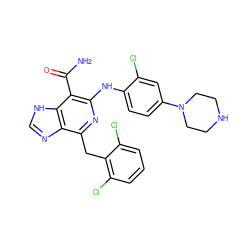 NC(=O)c1c(Nc2ccc(N3CCNCC3)cc2Cl)nc(Cc2c(Cl)cccc2Cl)c2nc[nH]c12 ZINC000142247334