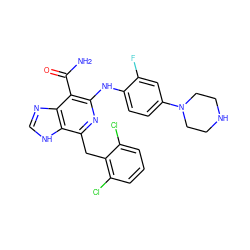 NC(=O)c1c(Nc2ccc(N3CCNCC3)cc2F)nc(Cc2c(Cl)cccc2Cl)c2[nH]cnc12 ZINC000200856020