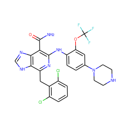 NC(=O)c1c(Nc2ccc(N3CCNCC3)cc2OC(F)(F)F)nc(Cc2c(Cl)cccc2Cl)c2[nH]cnc12 ZINC000200862230